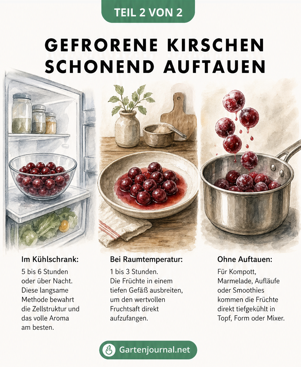 Illustration von Kirschen beim Auftauen im Kühlschrank, bei Raumtemperatur und direkt im Kochtopf