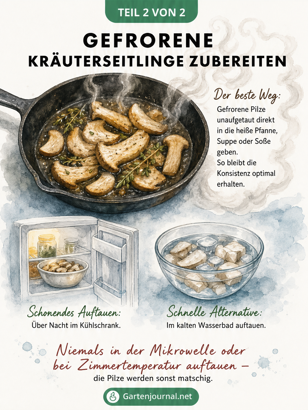 Illustration einer Pfanne mit bratenden Kräuterseitlingen und Tipps zum Auftauen