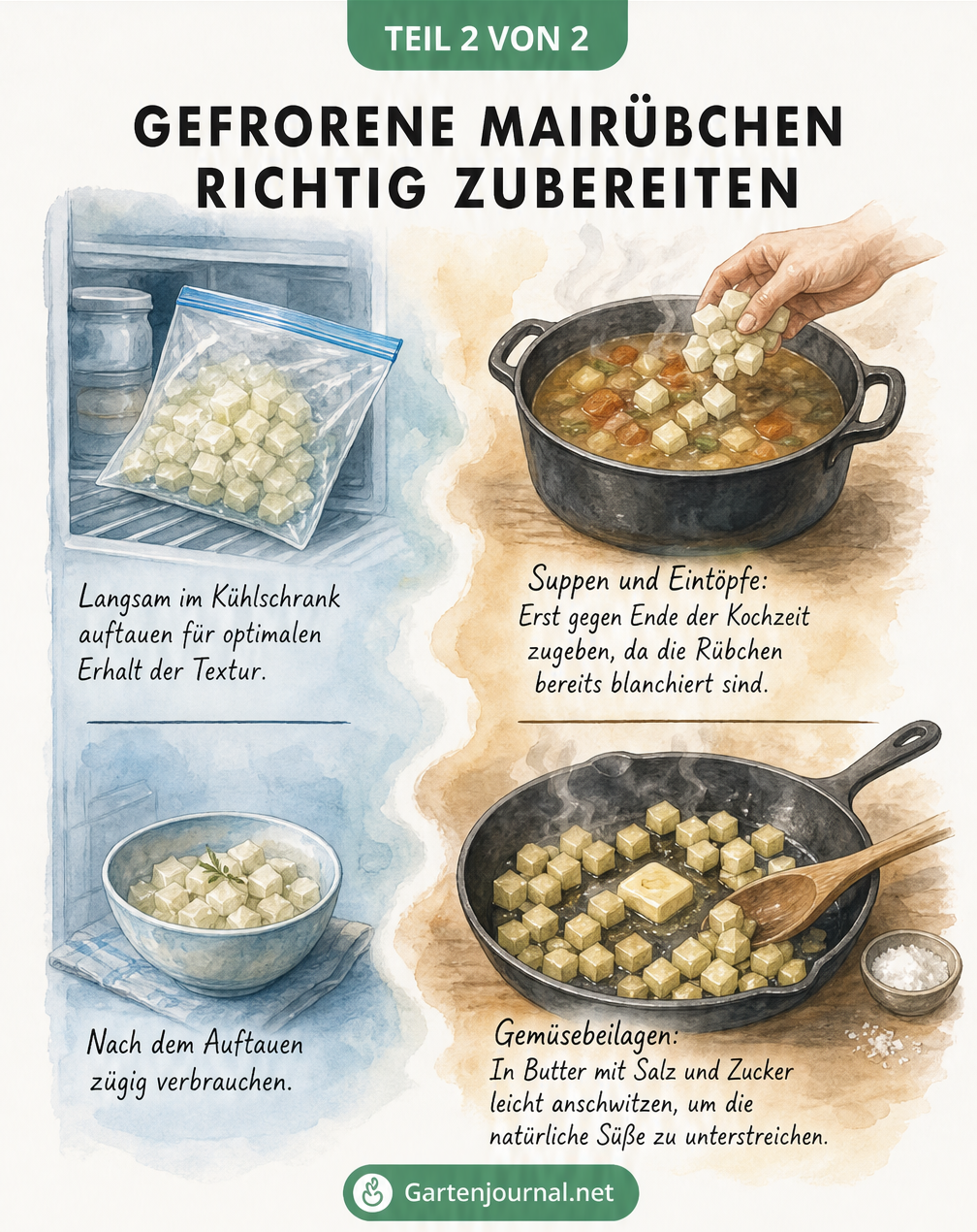 Illustration zur Zubereitung gefrorener Mairübchen: Langsames Auftauen im Kühlschrank und Verwendung in Suppen oder als in Butter geschwenkte Beilage.