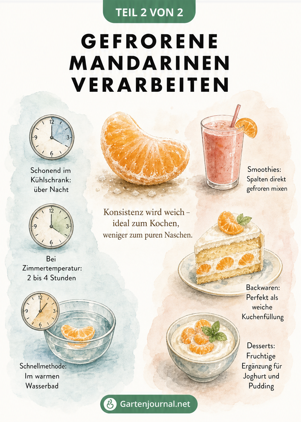 Illustration: Gefrorene Mandarinen verarbeiten, Auftauen und Verwendung in Smoothies, Backwaren und Desserts