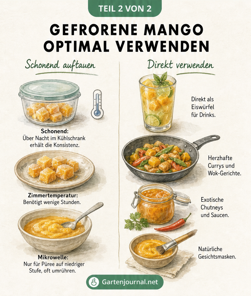 Illustration verschiedener Auftaumethoden für gefrorene Mango und Anwendungsbeispiele wie Drinks, Currys und Chutneys