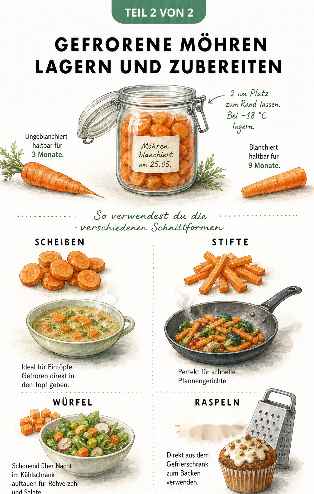 Illustration zur Lagerung und Zubereitung von gefrorenen Möhren in verschiedenen Schnittformen