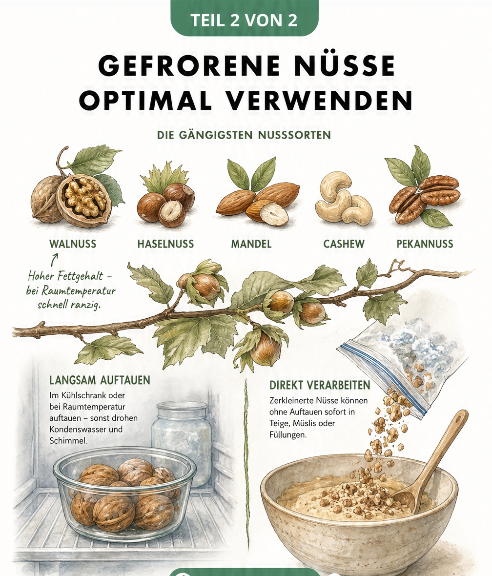 Botanische Illustration verschiedener Nusssorten wie Walnuss, Haselnuss, Mandel, Cashew und Pekannuss sowie deren Verwendung nach dem Einfrieren