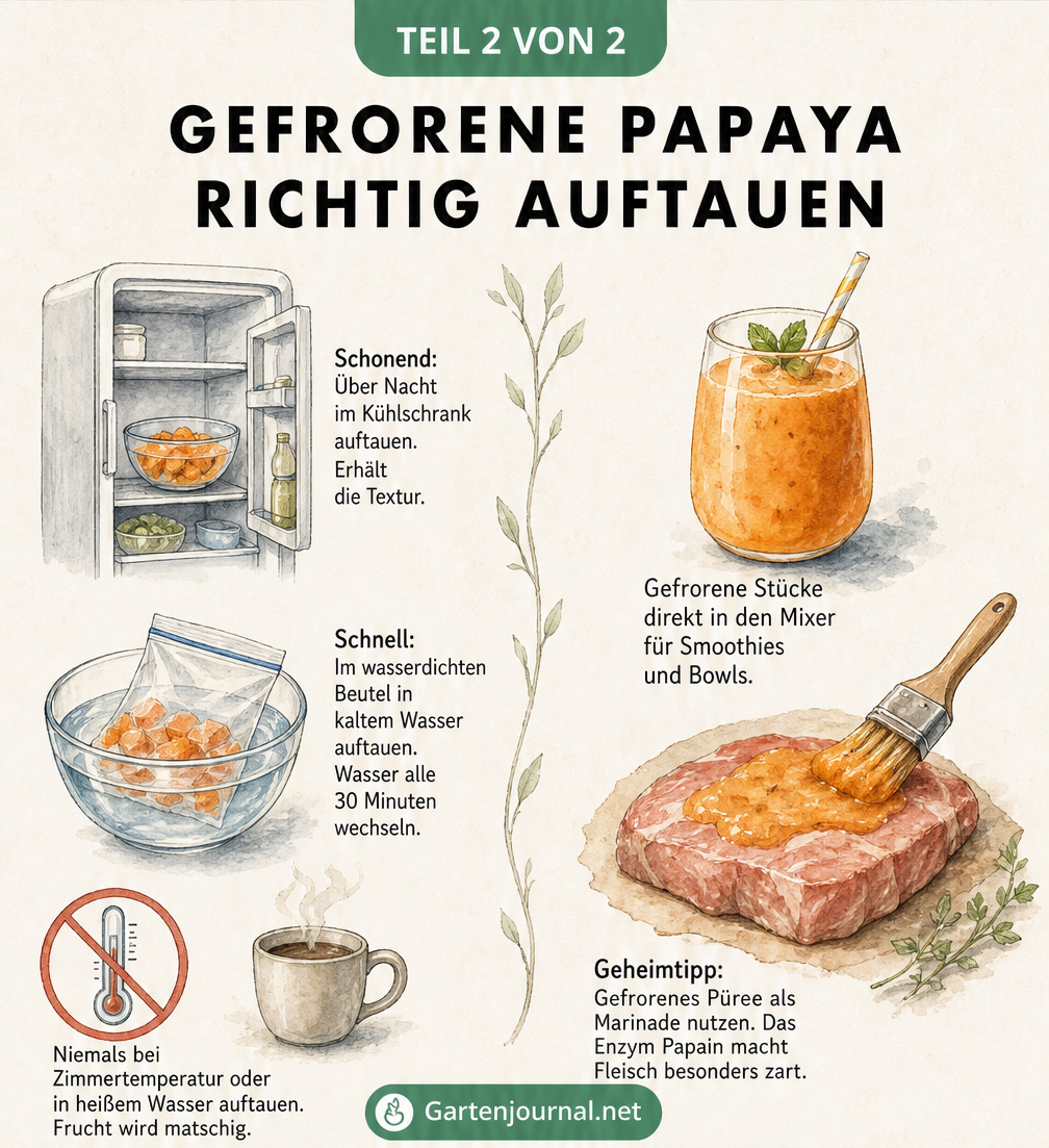 Illustration zum schonenden Auftauen von Papaya im Kühlschrank oder Wasserbad sowie zur direkten Verwendung gefrorener Stücke in Smoothies