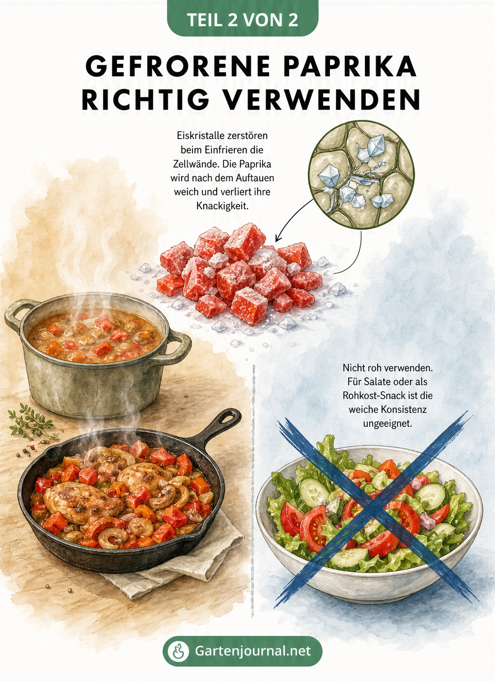 Vergleich der Verwendung von gefrorener Paprika: Ideal zum Kochen, ungeeignet für Salate