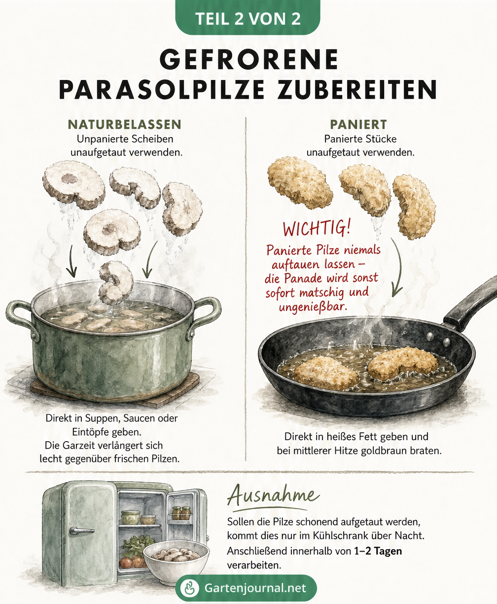 Illustration zur Zubereitung gefrorener Parasolpilze: Unpanierte Pilze in den Topf geben, panierte Pilze direkt in die Pfanne braten, niemals auftauen.