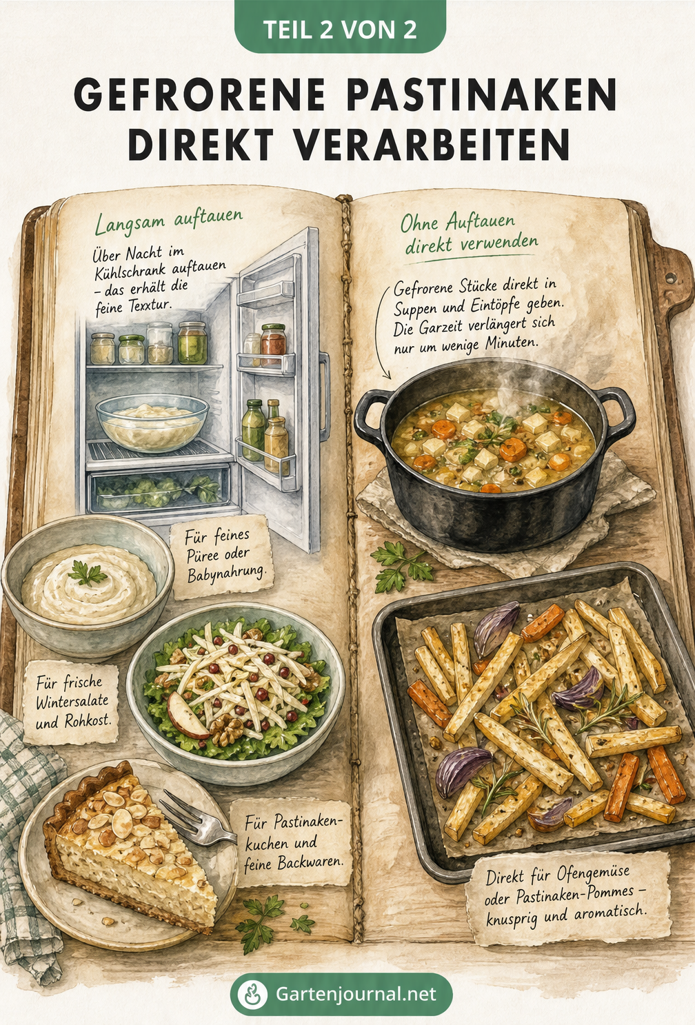 Illustration zur Verwendung gefrorener Pastinaken: Schonendes Auftauen für Salate und Püree oder direkte Verarbeitung in Suppen und als Ofengemüse.