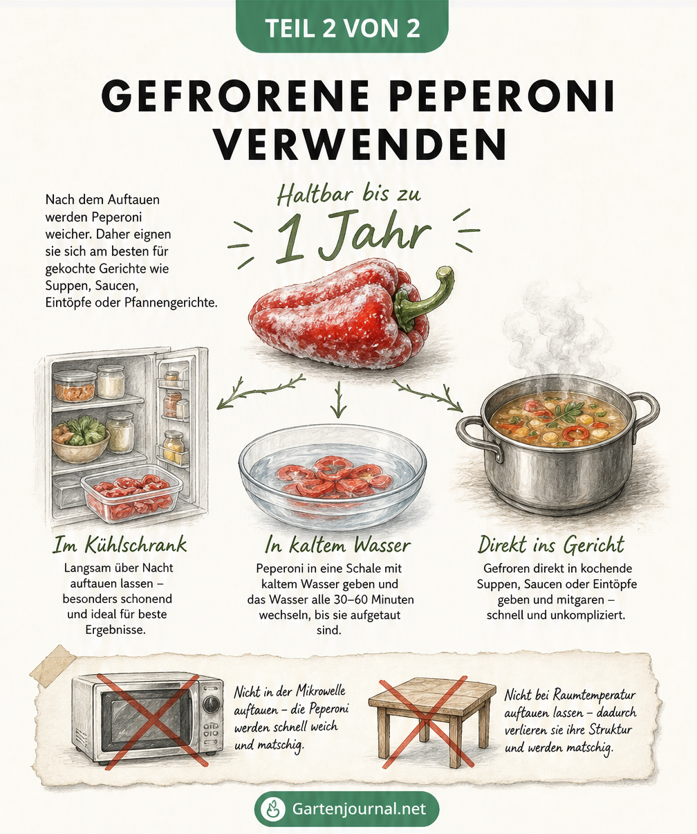 Illustration zur Verwendung gefrorener Peperoni: Haltbarkeit bis zu einem Jahr, Auftauen im Kühlschrank, Wasserbad oder direktes Mitkochen. Mikrowelle und...
