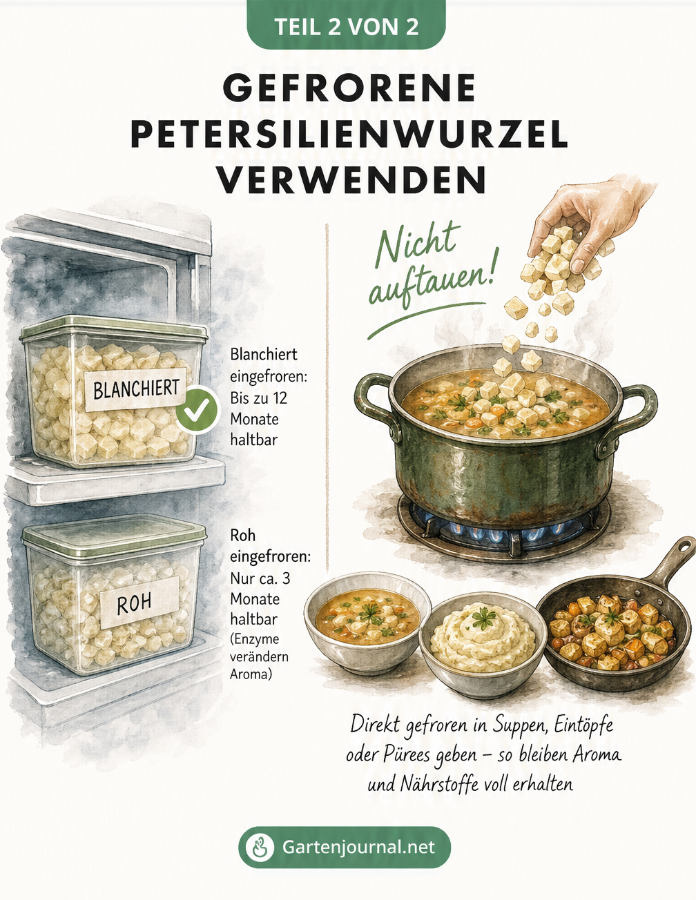 Illustration: Haltbarkeit von blanchierter und roher Petersilienwurzel im Gefrierschrank sowie die direkte Verwendung in Suppen ohne Auftauen