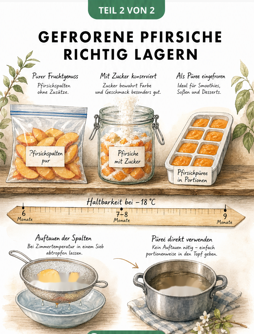 Illustration verschiedener Lagermethoden für gefrorene Pfirsiche: pur im Beutel, mit Zucker im Glas und als Püree im Eiswürfelbehälter.