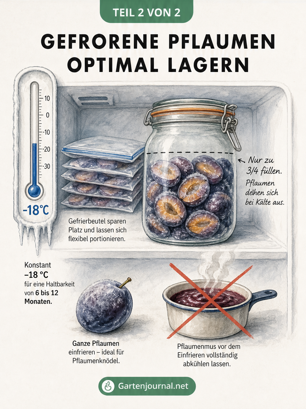 Illustration zur Lagerung von gefrorenen Pflaumen im Gefrierfach: Einmachglas, flache Gefrierbeutel, ganze Pflaumen und abgekühltes Pflaumenmus bei -18 Grad...