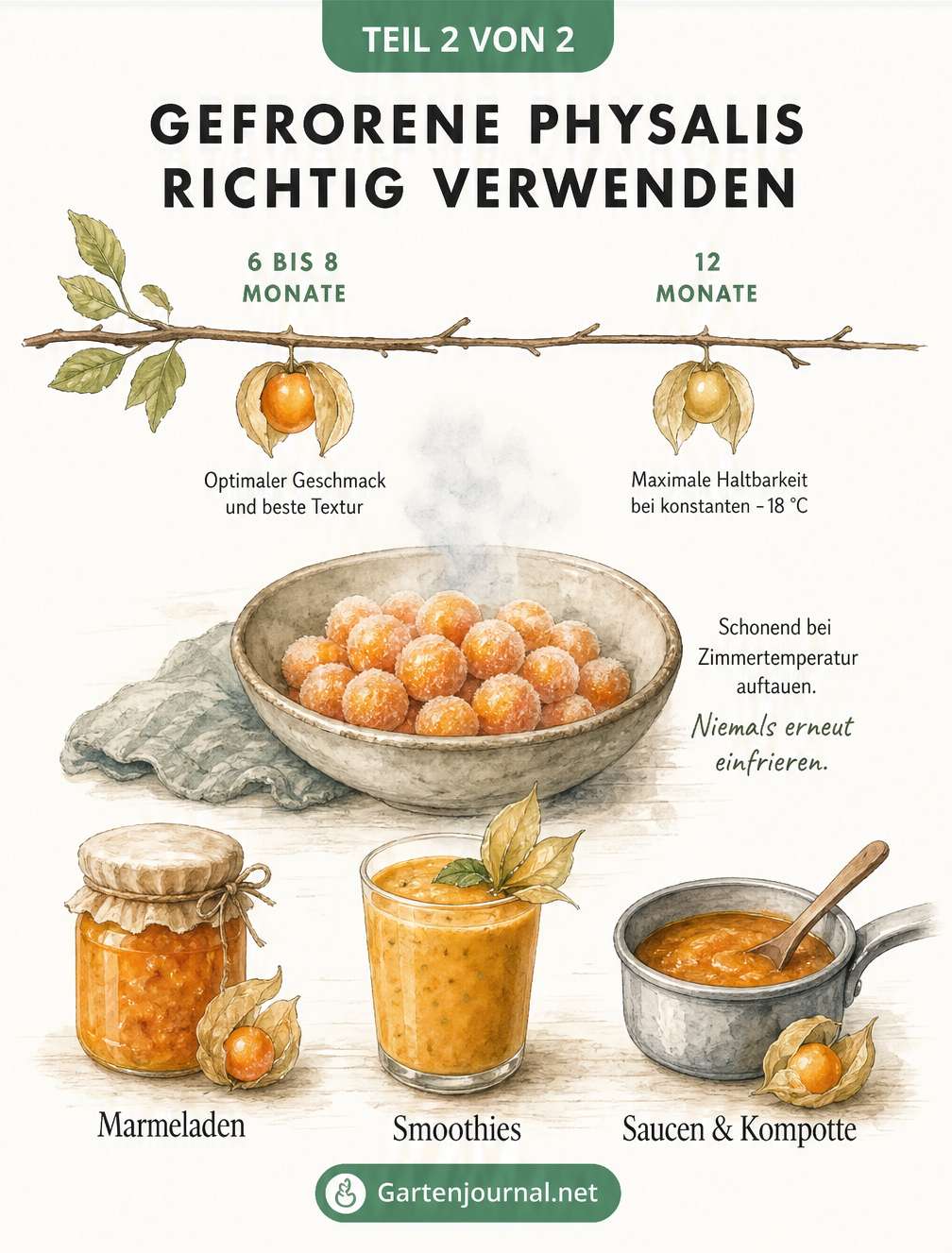 Botanische Skizze zur Haltbarkeit von gefrorenen Physalis, dem schonenden Auftauen und der Verwendung für Marmeladen, Smoothies und Saucen.