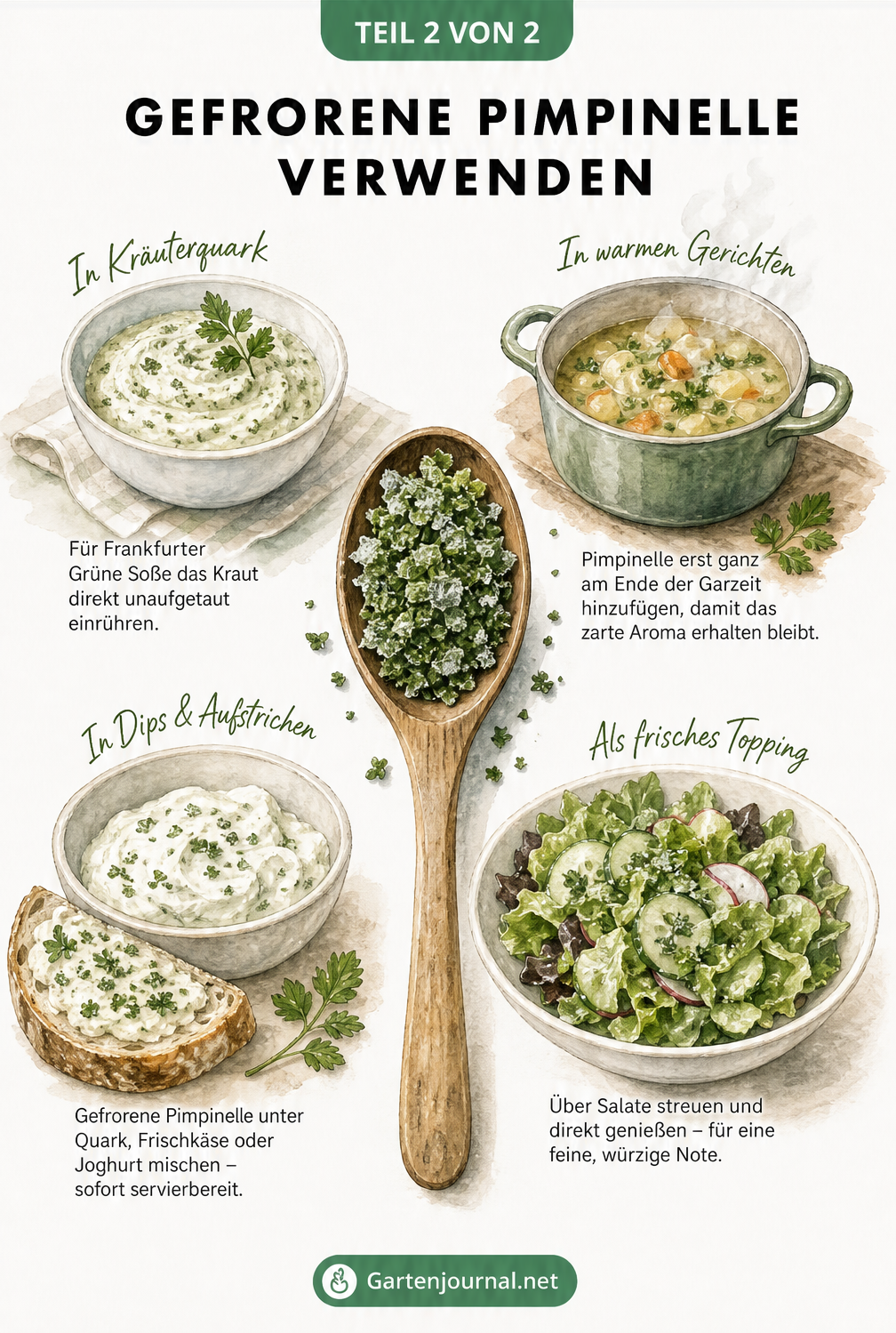Aquarell-Illustrationen zur Verwendung von gefrorener Pimpinelle in Grüner Soße, warmen Gerichten, Dips und Salaten