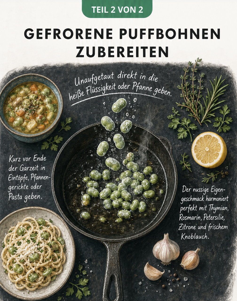 Illustration zur Zubereitung gefrorener Puffbohnen: Unaufgetaut in die Pfanne geben, passend zu Eintöpfen und Pasta, gewürzt mit Thymian, Rosmarin und...