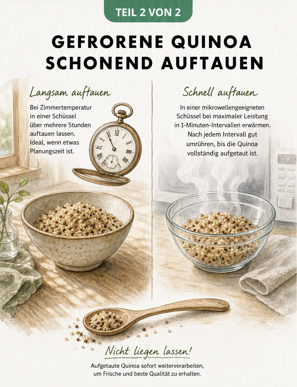 Illustration: Gefrorene Quinoa langsam bei Zimmertemperatur oder schnell in der Mikrowelle auftauen
