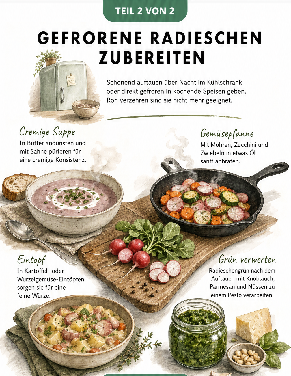 Illustration verschiedener Zubereitungsarten für aufgetaute Radieschen wie Suppe, Pfannengemüse und Pesto