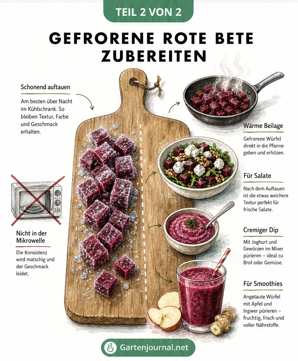 Übersicht zur Zubereitung von gefrorener Roter Bete mit Tipps zum Auftauen im Kühlschrank und Rezeptideen wie Salat und Smoothie