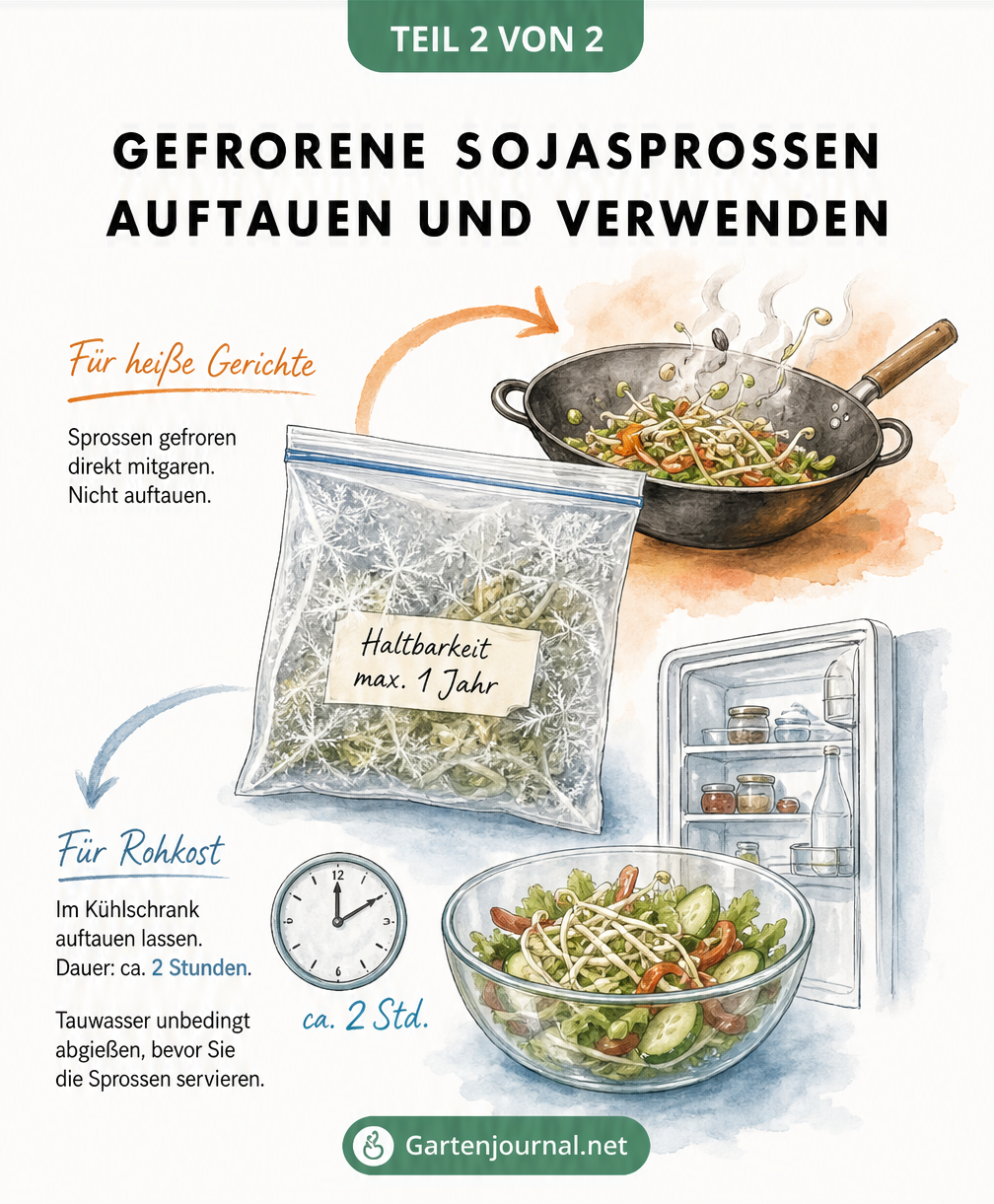 Illustration zur Verwendung gefrorener Sojasprossen: unaufgetaut in den Wok oder im Kühlschrank antauen lassen für Rohkost.