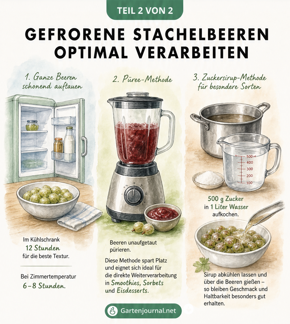Aquarell-Illustration zur Verarbeitung gefrorener Stachelbeeren: Auftauen im Kühlschrank, Pürieren im Standmixer und Einlegen in Zuckersirup.