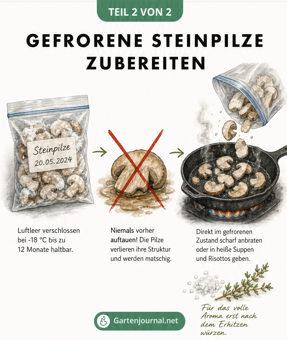 Illustration zur Lagerung von gefrorenen Steinpilzen im Gefrierbeutel und der direkten Zubereitung in der Pfanne ohne vorheriges Auftauen.
