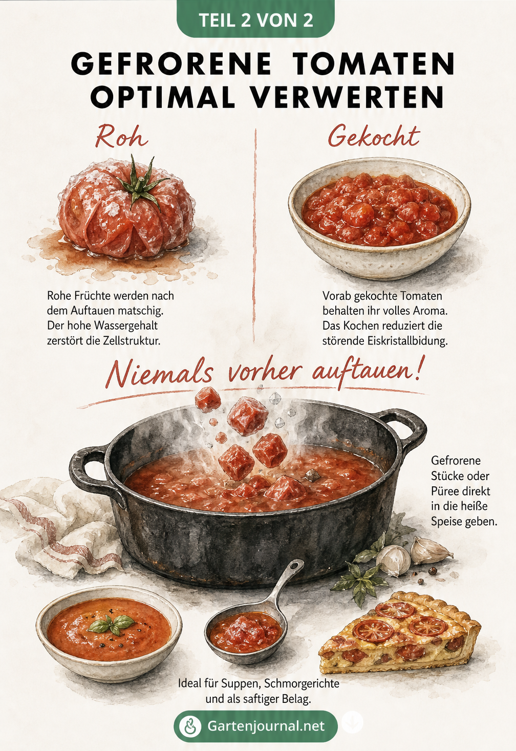 Vergleich von rohen und gekochten gefrorenen Tomaten sowie die direkte Verwertung der gefrorenen Stücke im heißen Kochtopf.