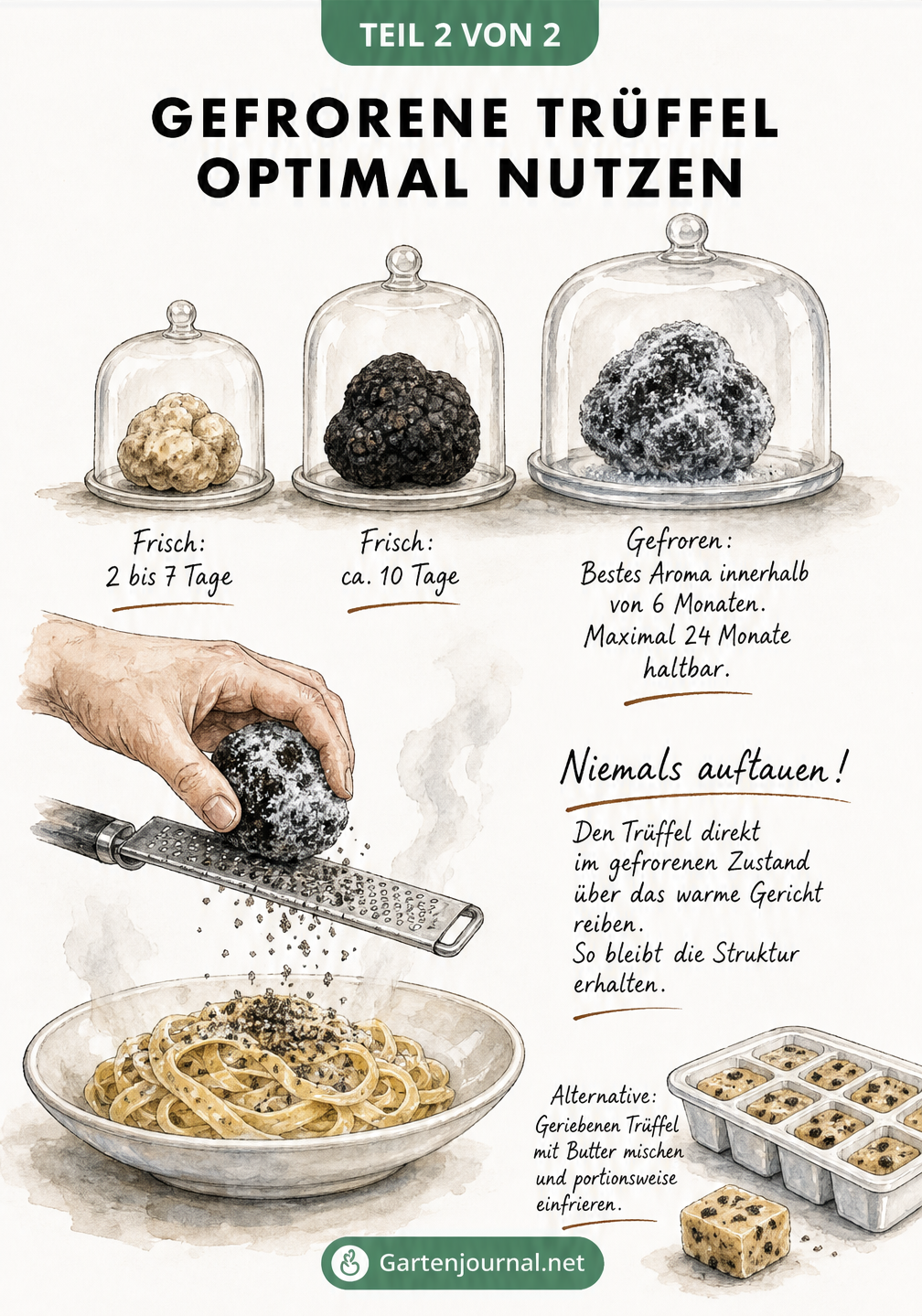 Illustration zur Haltbarkeit von Trüffeln unter Glasglocken und das Reiben eines gefrorenen Trüffels über Pasta.