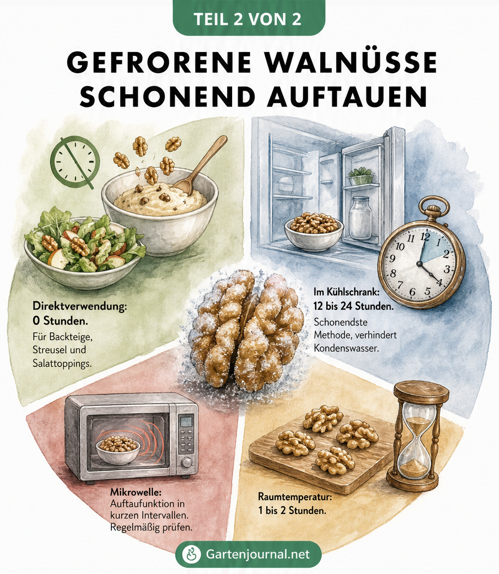 Illustration verschiedener Methoden zum Auftauen von Walnüssen: Im Kühlschrank, bei Raumtemperatur, in der Mikrowelle oder direkte Verwendung.