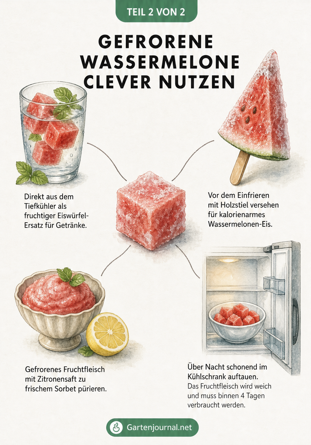 Illustration: Gefrorene Wassermelonenwürfel in einem Gefrierbeutel mit Beschriftung zur Haltbarkeit von 3 Monaten.