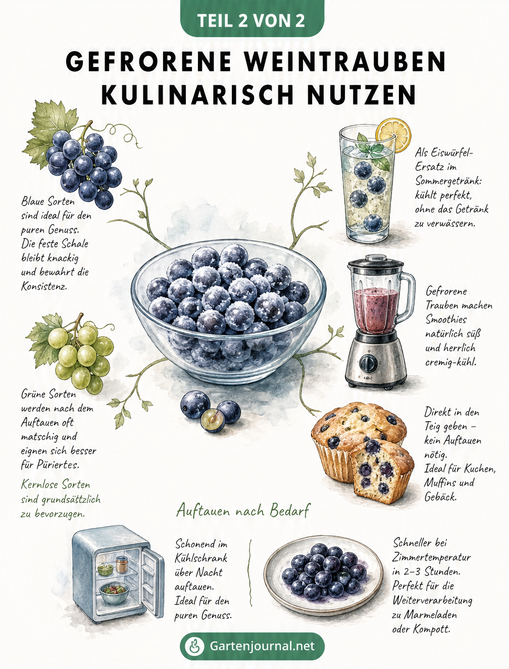 Aquarell-Illustration zur kulinarischen Nutzung gefrorener Weintrauben: Sortenvergleich, Eiswürfel-Ersatz, Smoothies, Backen und Auftaumethoden.