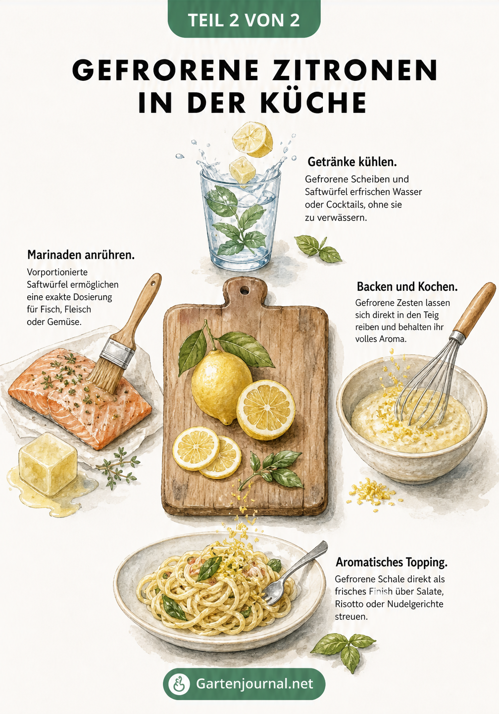 Illustration zur Verwendung gefrorener Zitronen in der Küche: Getränke kühlen, Backen, als Topping und für Marinaden