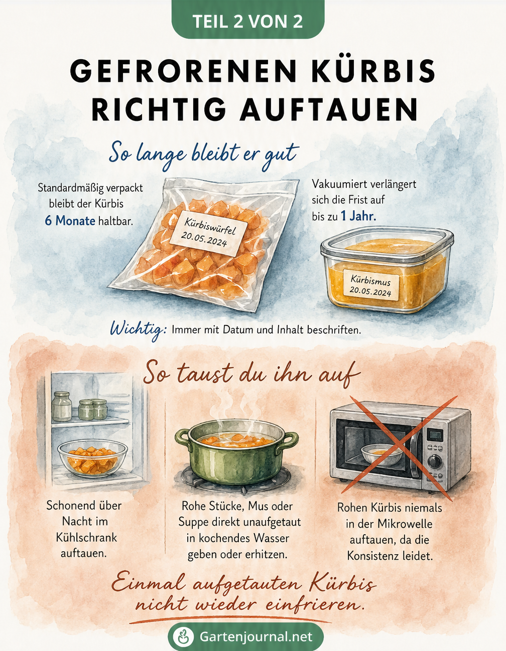 Illustration zur Haltbarkeit und zum Auftauen von gefrorenem Kürbis, mit Gefrierbeutel, Vorratsdose, Kühlschrank und Kochtopf.