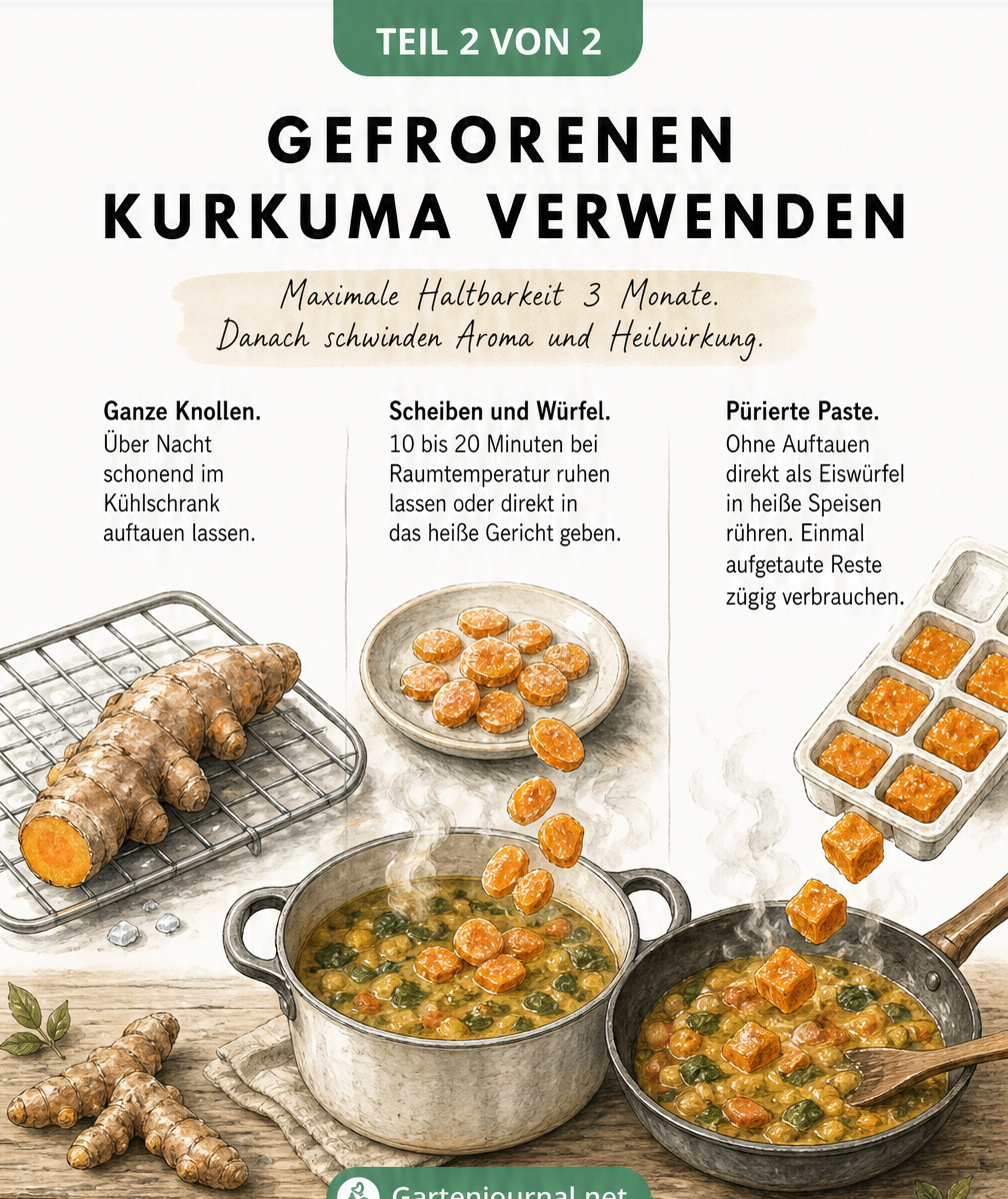 Illustration: Gefrorenen Kurkuma verwenden als ganze Knolle, in Scheiben oder als pürierte Paste in Eiswürfelform.