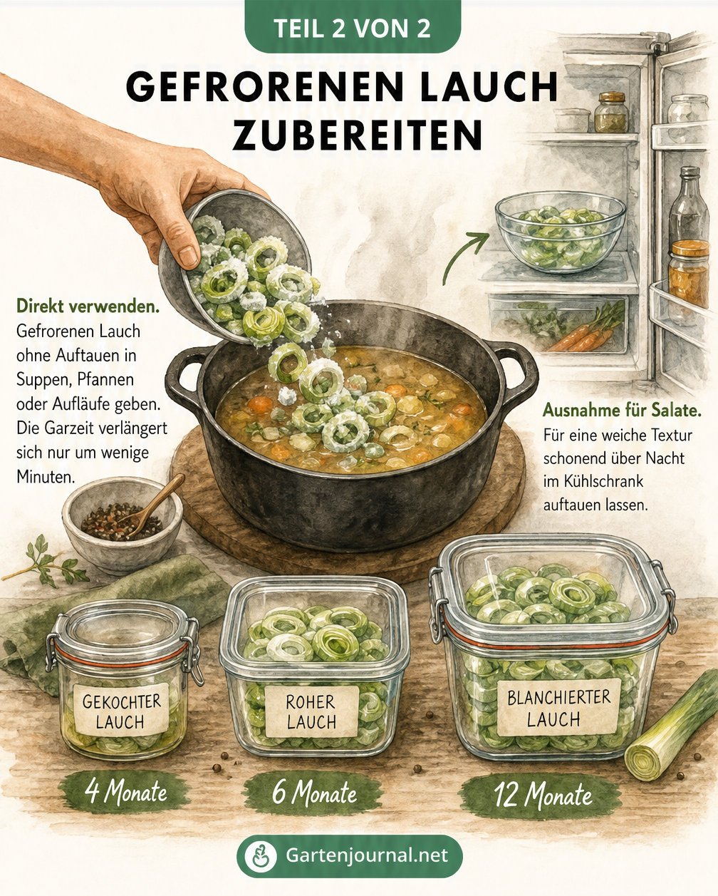Illustration: Gefrorenen Lauch direkt verwenden oder schonend auftauen