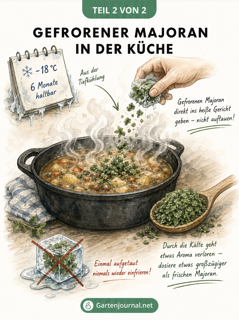 Illustration eines gusseisernen Topfes, in den gefrorener Majoran direkt hineingebröselt wird.