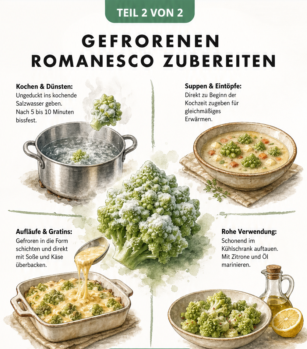Vier Zubereitungsarten für gefrorenen Romanesco: Kochen, in Suppen, als Auflauf überbacken oder schonend aufgetaut als Salat.
