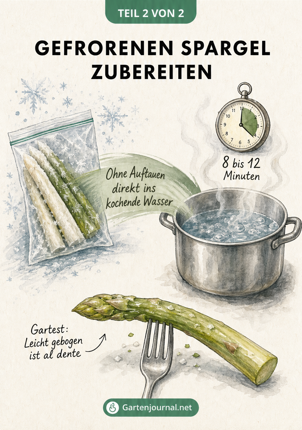 Illustration eines gefrorenen Spargelbeutels, der direkt in einen Topf mit kochendem Wasser gegeben wird