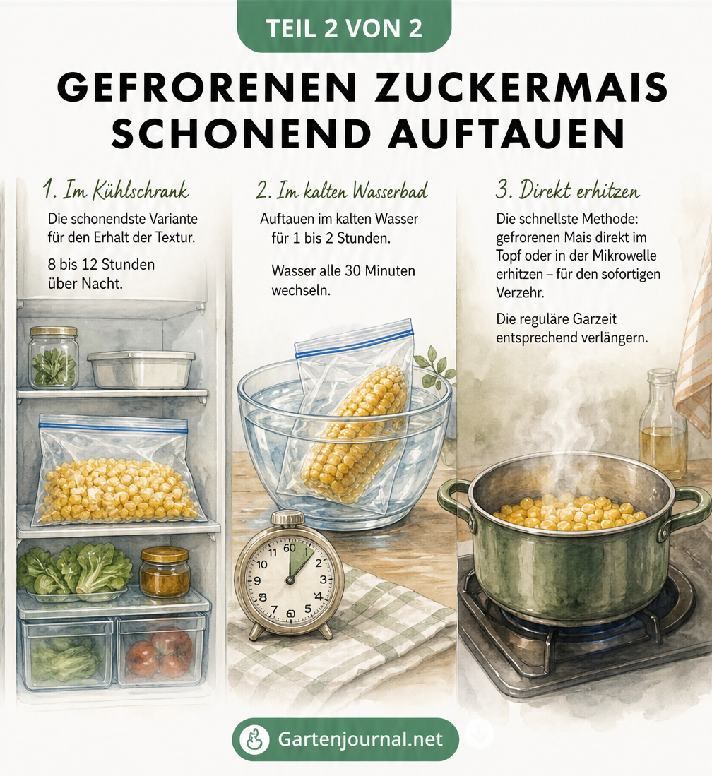 Drei Methoden zum Auftauen von Zuckermais: schonend im Kühlschrank, im kalten Wasserbad oder direkt im heißen Topf.
