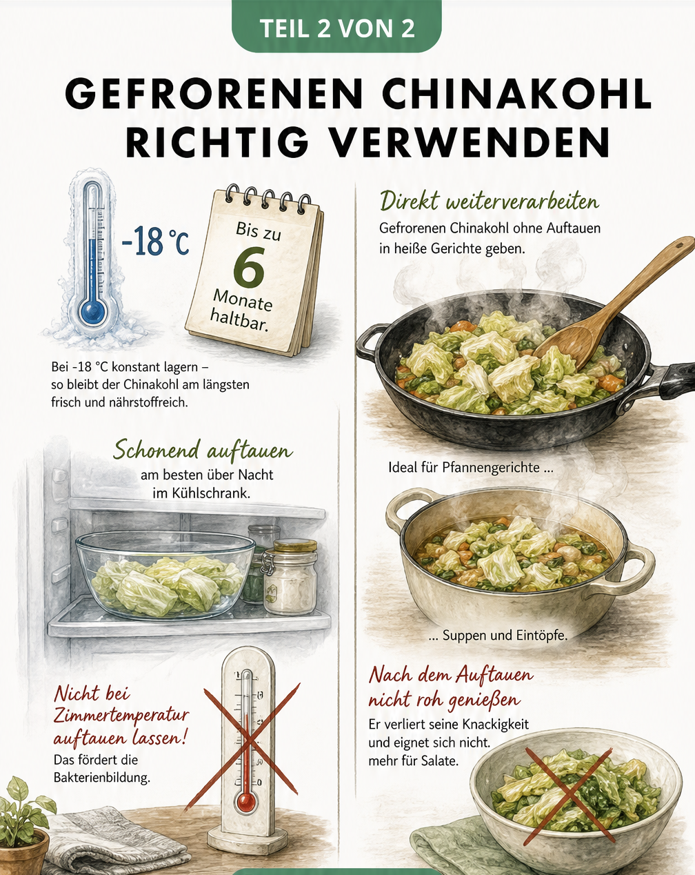 Illustration: Haltbarkeit von gefrorenem Chinakohl und Tipps zur Verwendung in warmen Gerichten