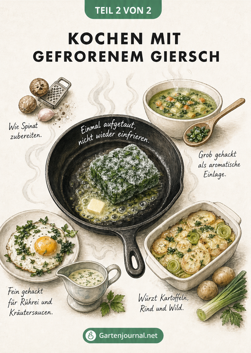 Illustration einer gusseisernen Pfanne mit gefrorenem Giersch und verschiedenen Rezeptideen