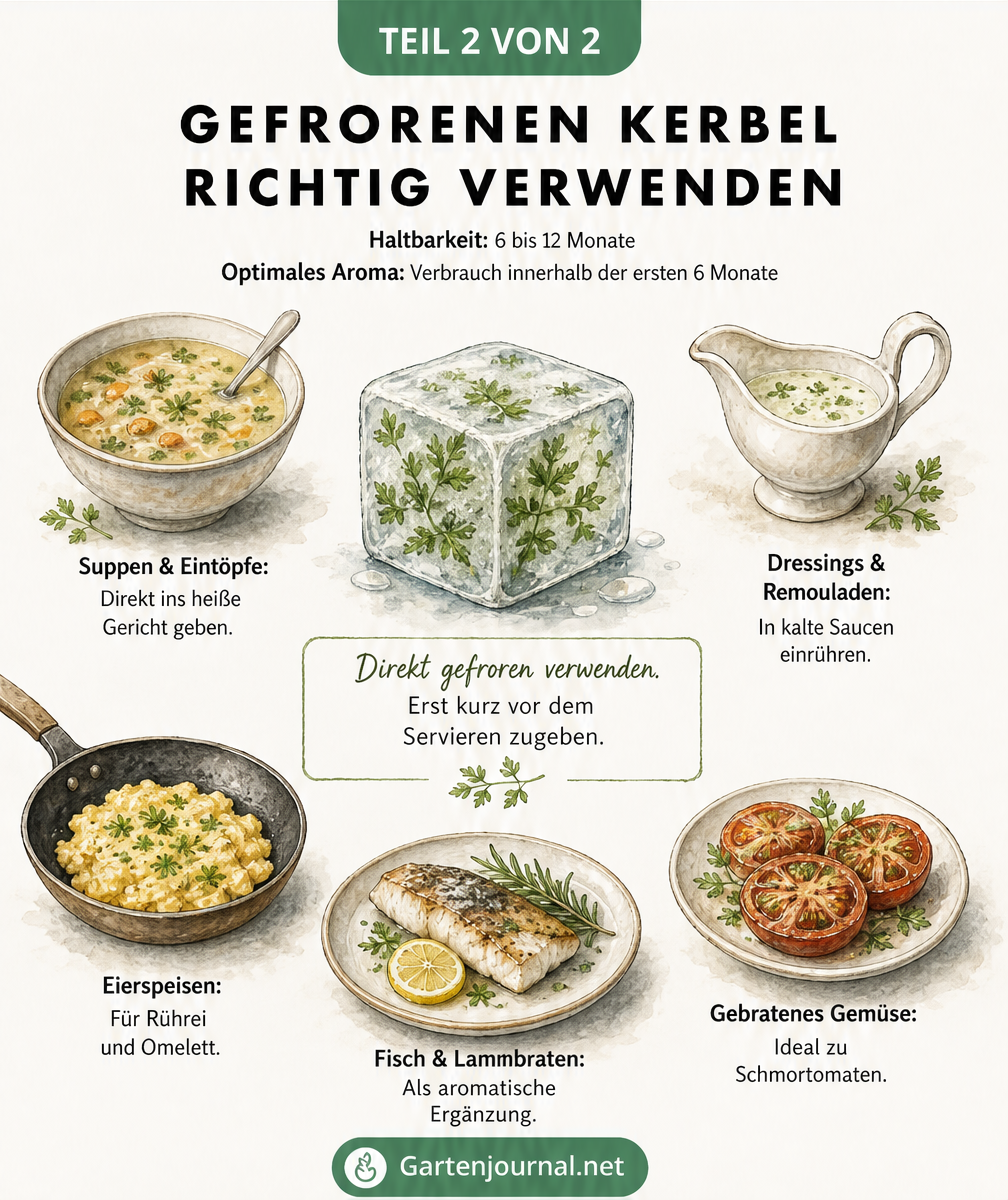 Schaubild zur Verwendung und Haltbarkeit von gefrorenem Kerbel in verschiedenen Gerichten