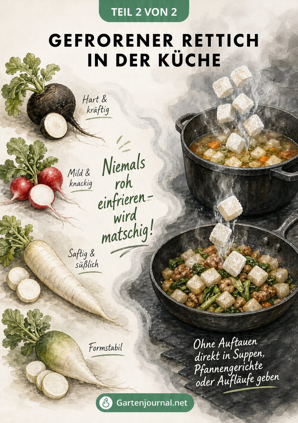 Illustration verschiedener Rettichsorten wie schwarzer, roter und chinesischer Rettich sowie Daikon, die gefroren direkt in einen Schmortopf und eine Pfanne...