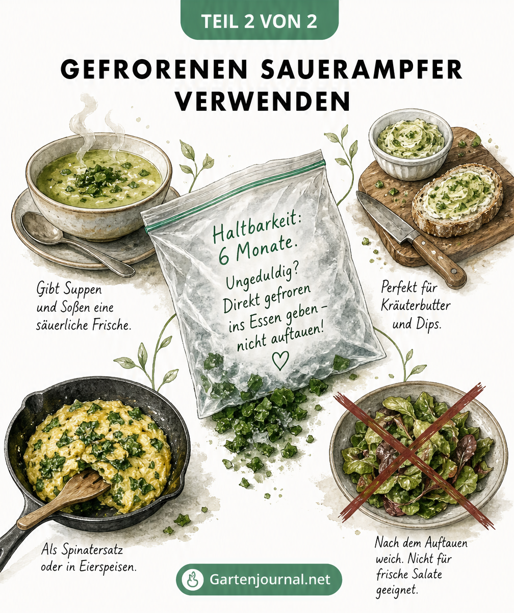 Illustration zur Verwendung von gefrorenem Sauerampfer in Suppen, Dips und als Spinatersatz, mit dem Hinweis, ihn nicht aufzutauen.