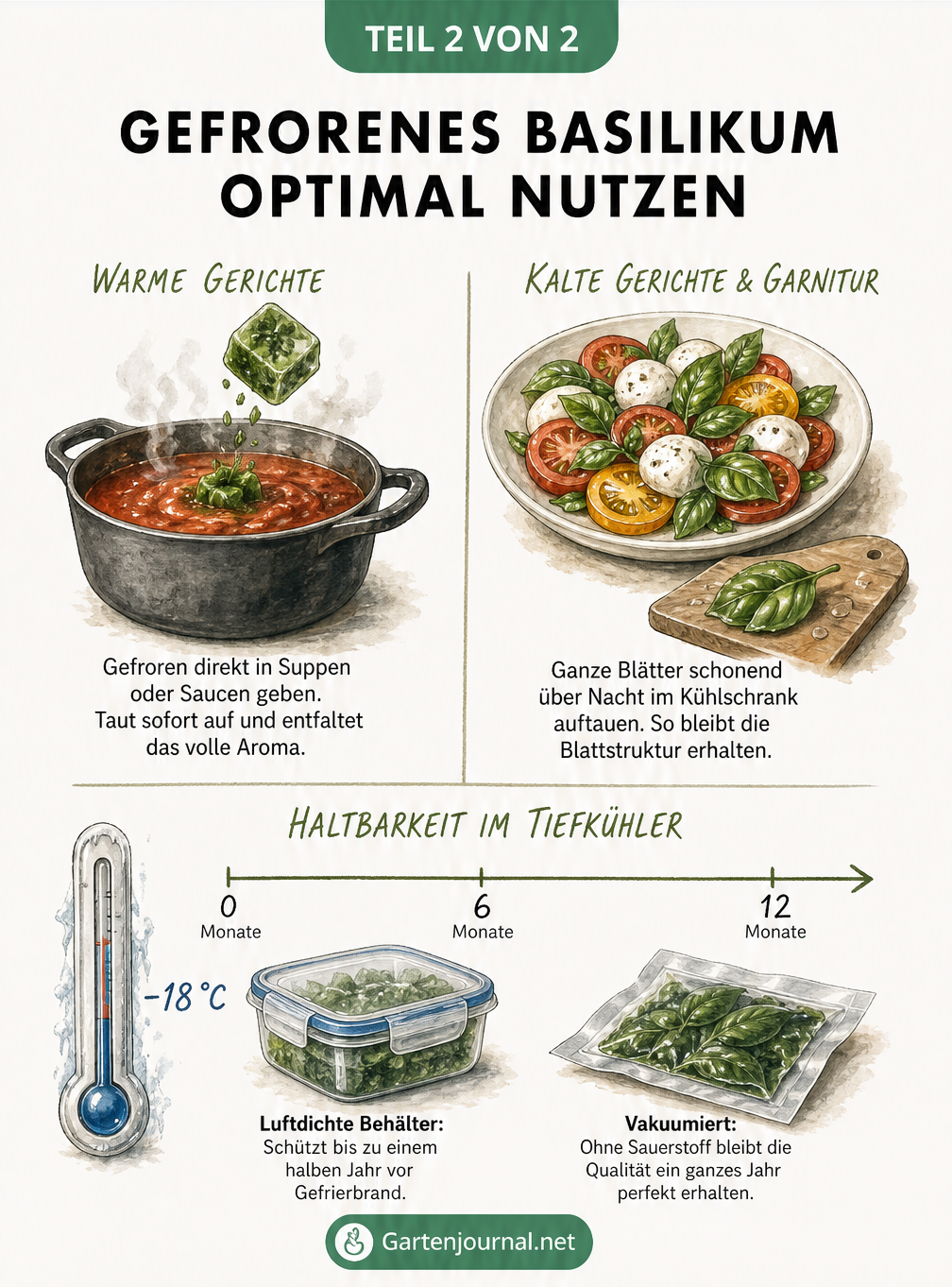 Illustration zur Verwendung und Haltbarkeit von gefrorenem Basilikum: Warme Gerichte mit Kräuter-Öl-Würfeln, kalte Gerichte mit aufgetauten Blättern sowie ein...