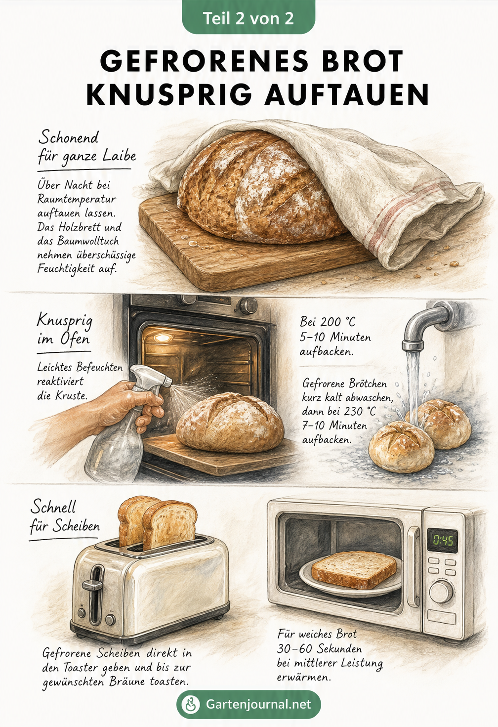 Illustration verschiedener Methoden zum Auftauen von Brot, wie Raumtemperatur, Backofen und Toaster