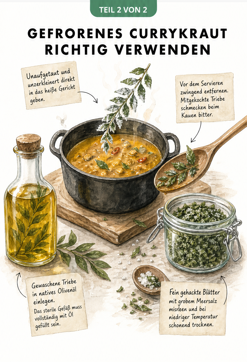 Illustration einer Küchenszene mit Kochtopf und Aufbewahrungsgläsern für gefrorenes Currykraut, Currykraut-Öl und Currykraut-Salz