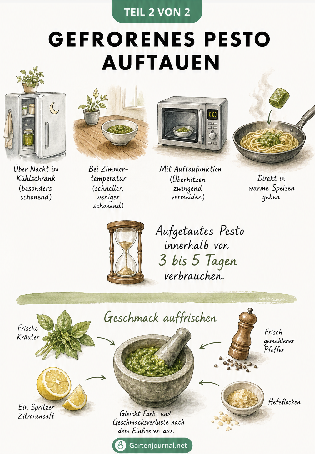 Übersicht verschiedener Methoden zum Auftauen von Pesto sowie Tipps zum Auffrischen des Geschmacks mit frischen Kräutern und Gewürzen.