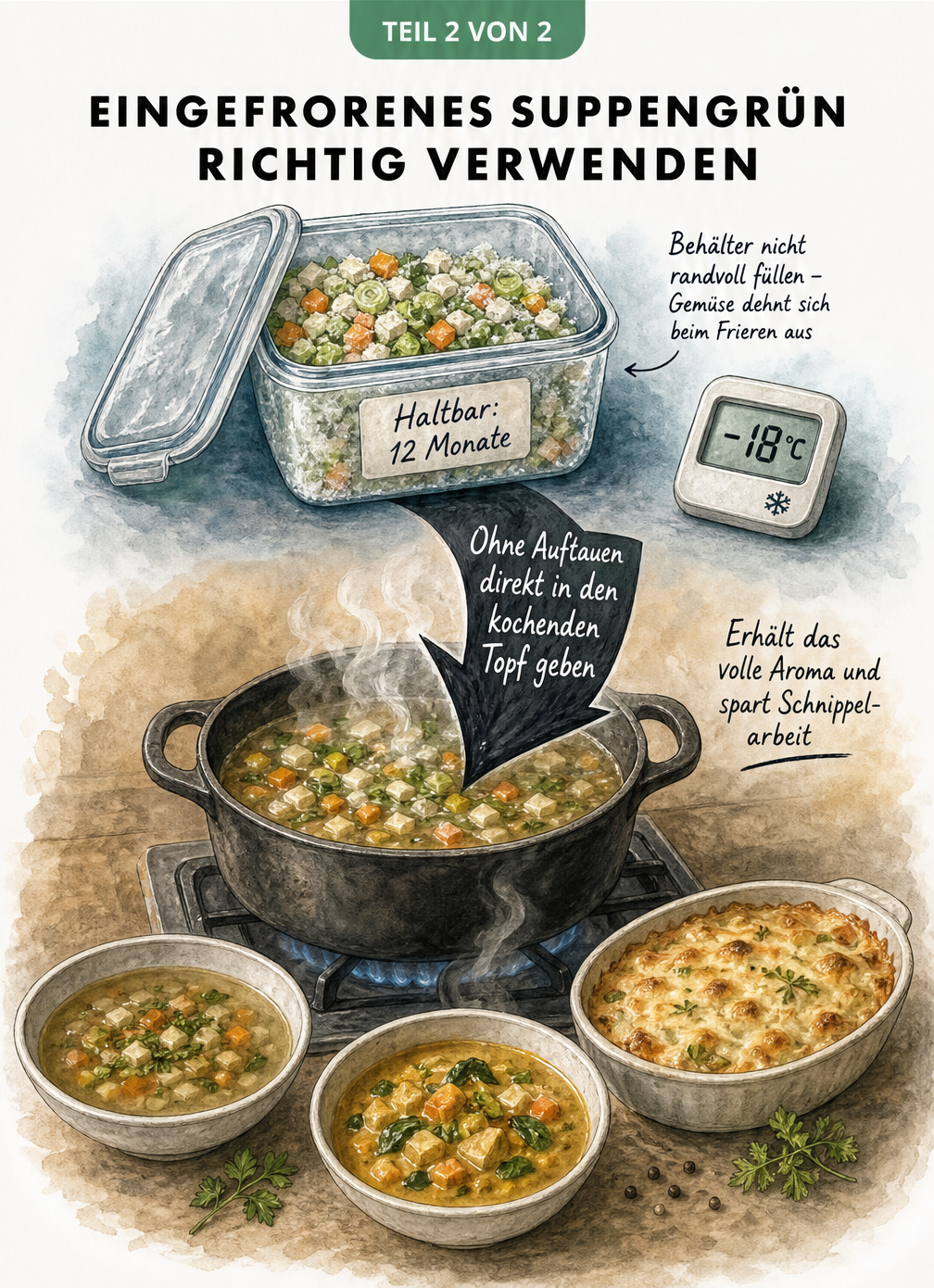 Illustration einer Frischhaltedose mit gefrorenem Suppengrün und einem Topf mit kochender Brühe, in den das Gemüse unaufgetaut gegeben wird