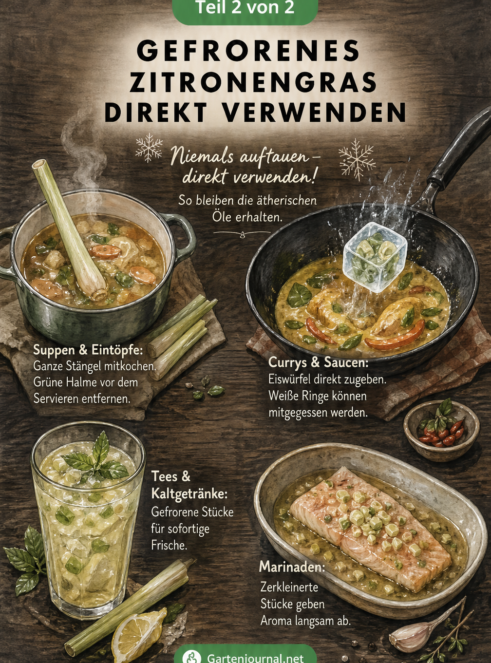 Aquarell-Illustration verschiedener Gerichte wie Suppe, Curry, Tee und Marinade, die mit gefrorenem Zitronengras zubereitet werden.