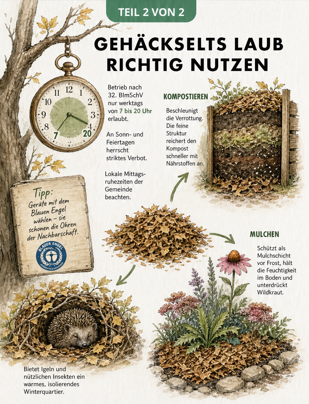 Aquarell-Schaubild zur Nutzung von gehäckseltem Laub als Kompost, Mulch und Winterquartier für Igel