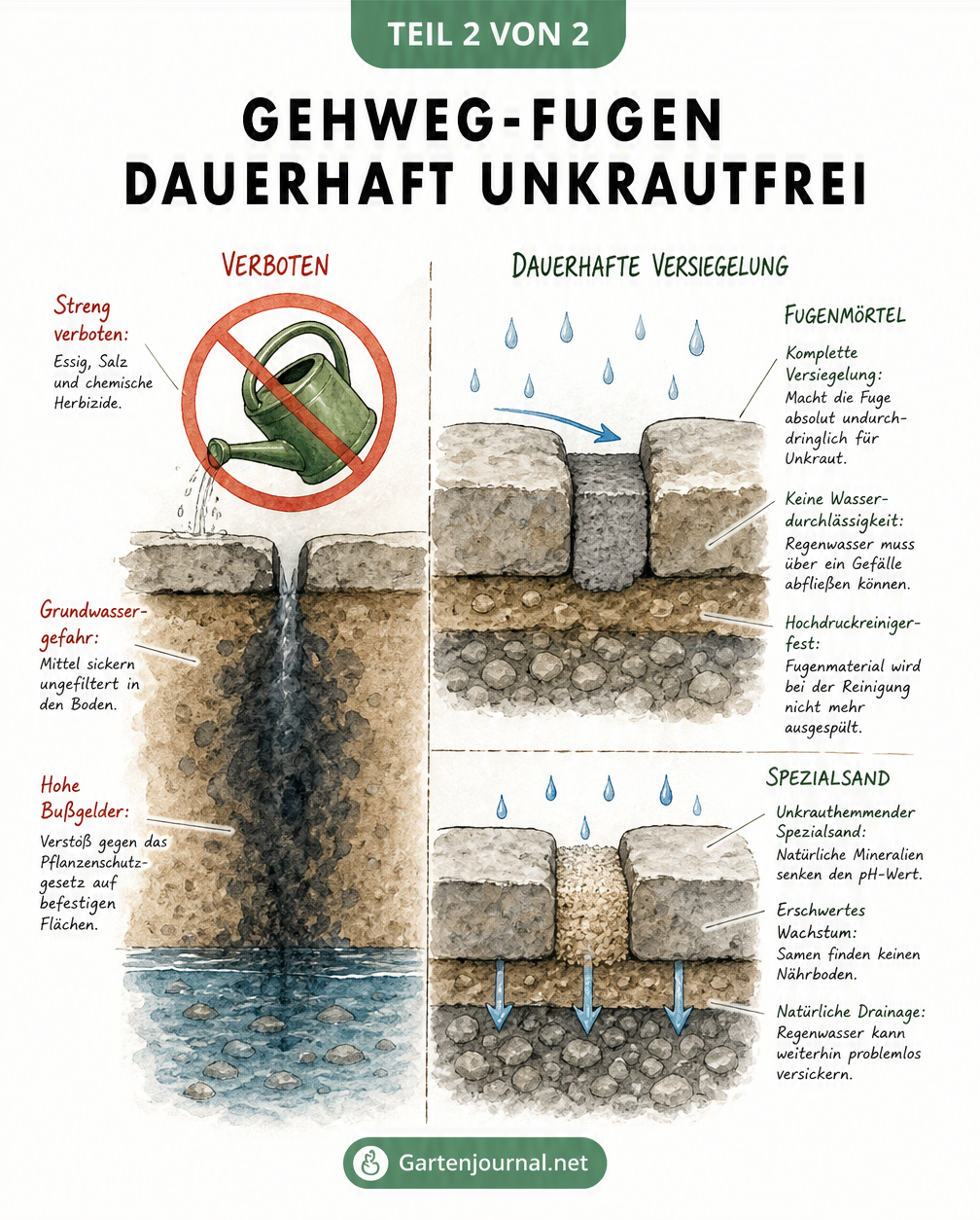 Querschnitt eines Gehwegs, der verbotene Hausmittel wie Essig und Salz sowie dauerhafte Fugenfüllungen mit Spezialsand und Mörtel zeigt.